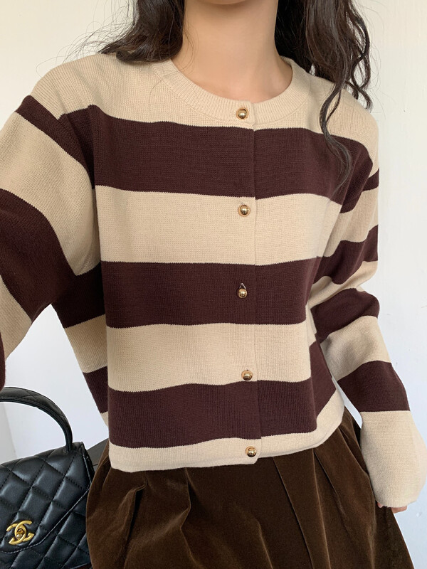 New in autumn!【NEW OPEN】Round neck single-breasted striped knitted warm sweater GM80323# ZXX