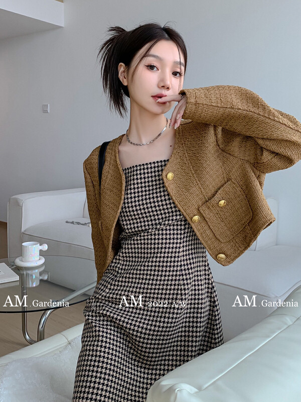Autumn is new! [AM GARDENIA] Plaid suspender dress + small fragrance short coat suit 1263-1235# ZXX