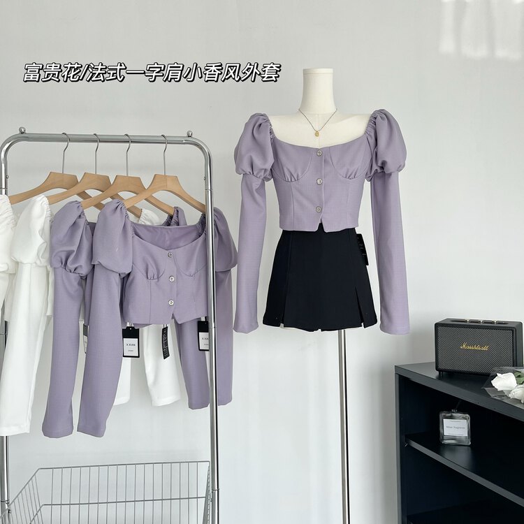 [Yi Kaoru] French one-shoulder small fragrant style short bubble princess sleeve shirt 0126# HYY