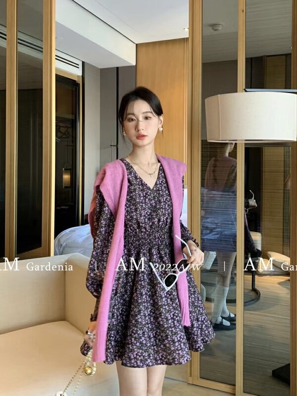 Autumn on the new![AM GARDENIA] Korean version of floral pieces, waist collection and V-neck dress (with a shawl) 1226 # ZXX