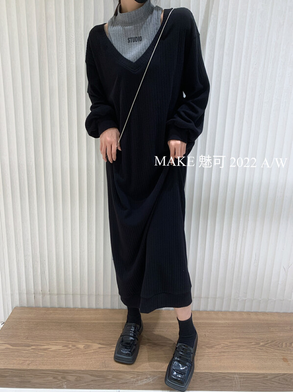 New in autumn!【MAKE】Fake two-piece mid-length dress with color matching 80046# OZQ