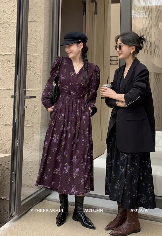 Early autumn on the new!4[F.THREE Three Sisters] Vintage Elegant One Piece Flower Dress 95351 # XJ
