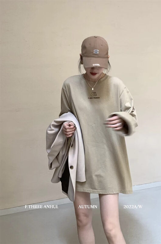 Early autumn on the new![F.THREE Three Sisters] Casual Simple Bear Print Loose Slelover Long Sleeve T-Shirt 95327 # XJ