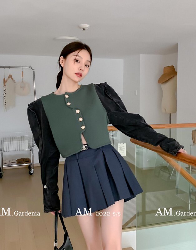 Autumn on the new![AM GARDENIA] Korean Sweet Hot wind denim stitching sweater 22501 # ZXX