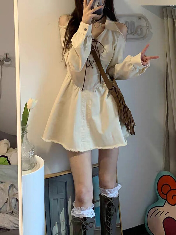 Autumn on the new![Huaxi] strap closed waist off the shoulder long sleeve dress (with waist rope) 9771 # PCZ