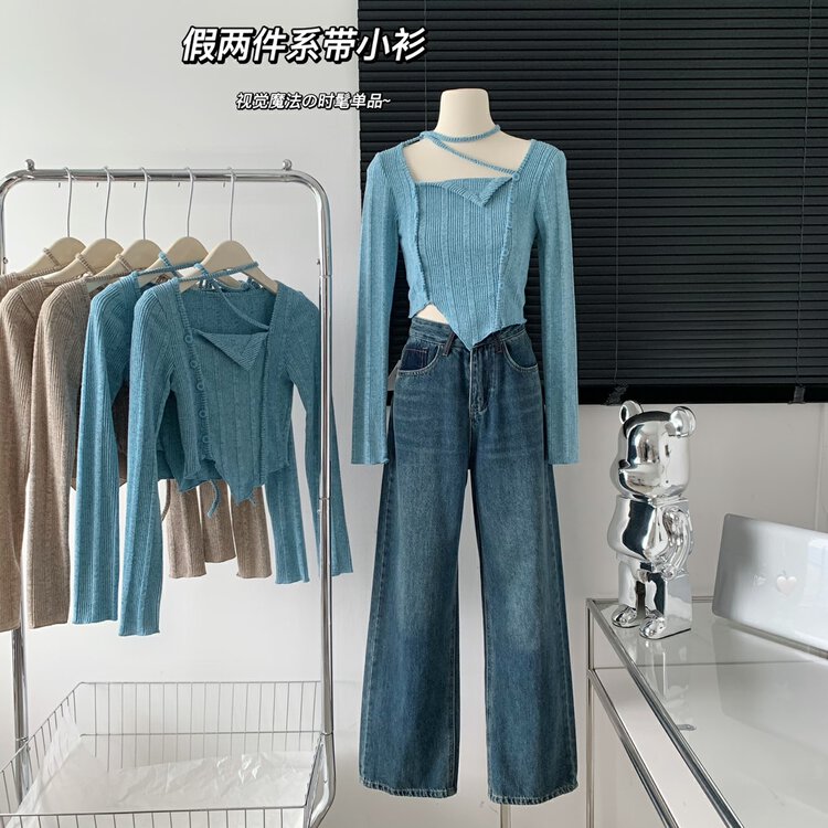 New in autumn! [Yi Kaoru] fake two-piece lace-up long-sleeved T-shirt 0360# HYY