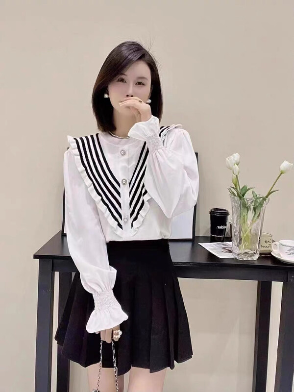New in autumn!【F·P】Fashion ruffled chiffon stitching fake two-piece knitted sweater 5340# HBX