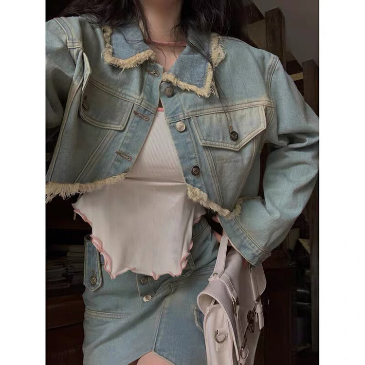 New in autumn! [Huaxi] Retro fashion denim jacket + irregular high waist skirt suit 9849# PCZ