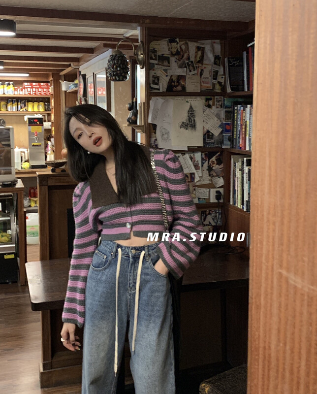 [MRA] Early autumn fashion striped stitching POLO collar short knitted cardigan M1955