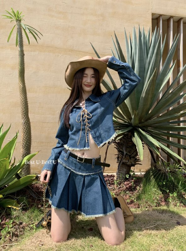 New in early autumn! [BEST U] Lace-up design hot girl short denim jacket (excluding skirt) 60226# LSW