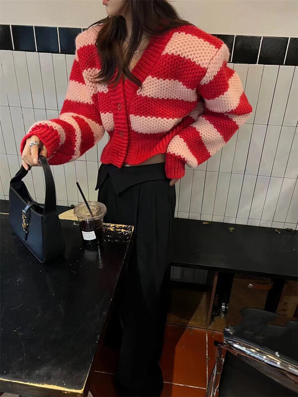 【C.H.Z】Striped Long Sleeve Versatile Knit Cardigan 00702# WTT