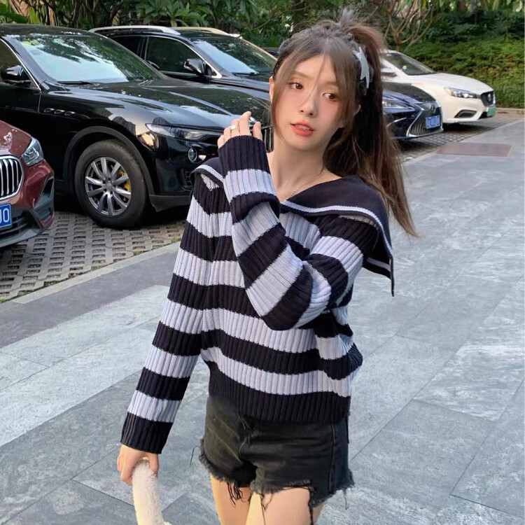 Autumn is new!【AM GARDENIA】Lazy style striped western style navy collar sweater (only sells sweater) 8103-1# ZXX