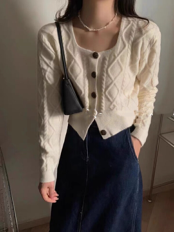 New in winter! Square neck twist single-breasted short all-match knitted sweater 6652-1# ZXX