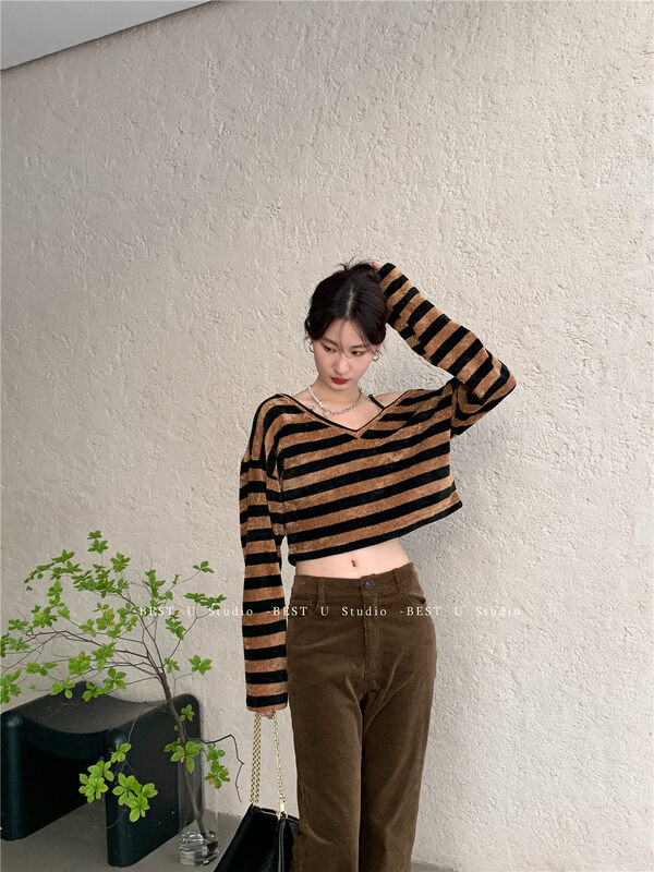 New in autumn! [BEST U] Fashionable off-the-shoulder striped long-sleeved T-shirt 60313# LSW