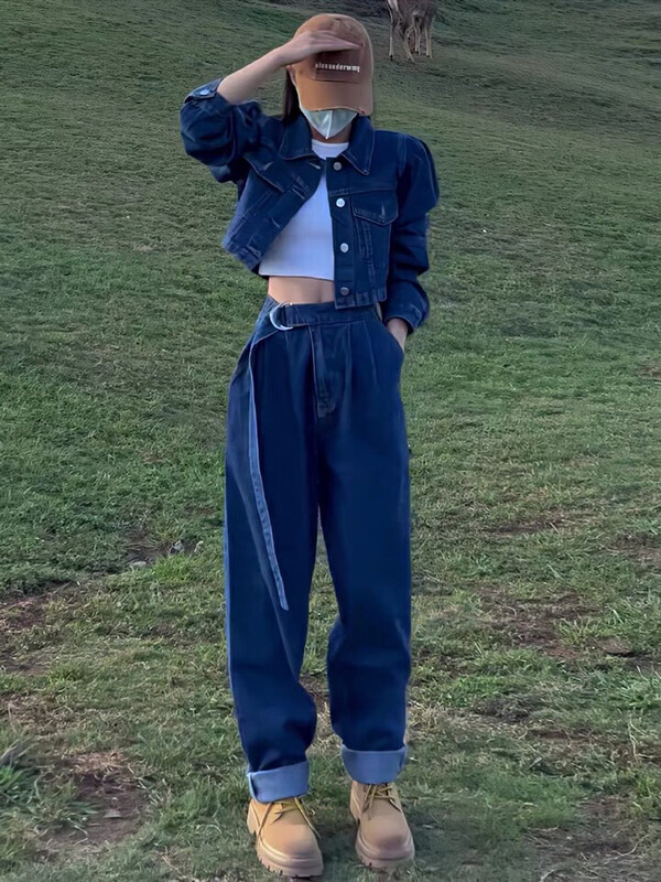Autumn on the new![Ou Zhengsha] Korean jeans bubble sleeve coat + Haron pants suit 19118A # JJ