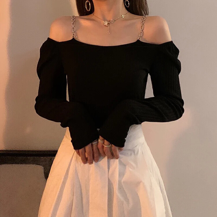 Winter on the new![F · P] French little sexy one word shoulder chain strap slim knit 89058 # HBX
