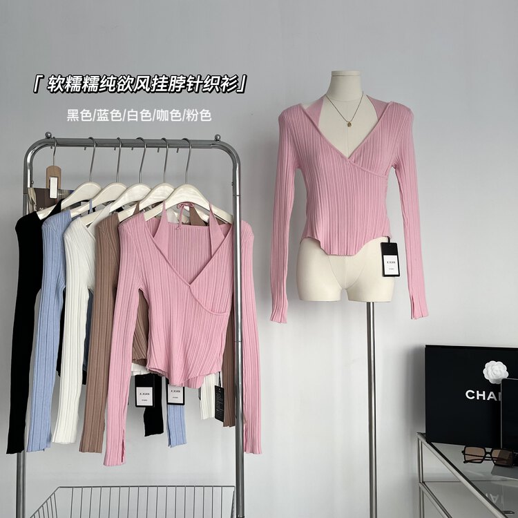 New in autumn! [Yi Kaoru] V-neck halterneck slim long-sleeved T-shirt 0321# HYY