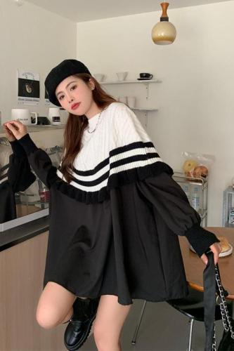 Real shot real price vitality girl Han chic design sense sweater splicing dress