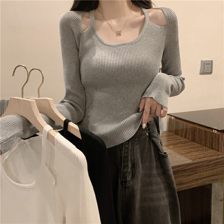 New autumn models! [F·P] Design niche hollow solid color knitted sweater 85133# HBX