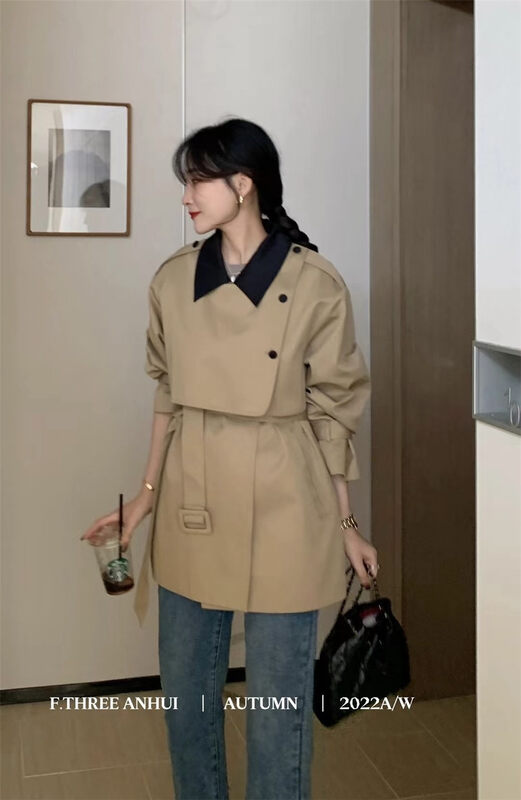 New in early autumn! 4 [F.THREE three sisters] long and short series color matching collar short trench coat (with belt) 95292# XJ