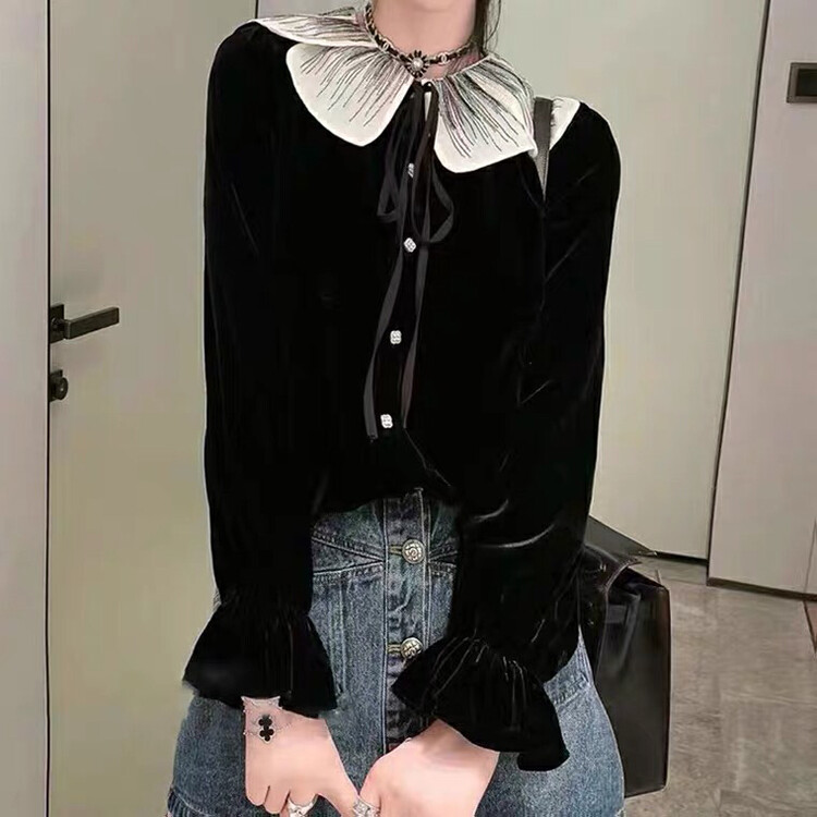 New in autumn! [Ou Zhengsha] velvet doll collar age-reducing ruffled long-sleeved shirt 19117# JJ