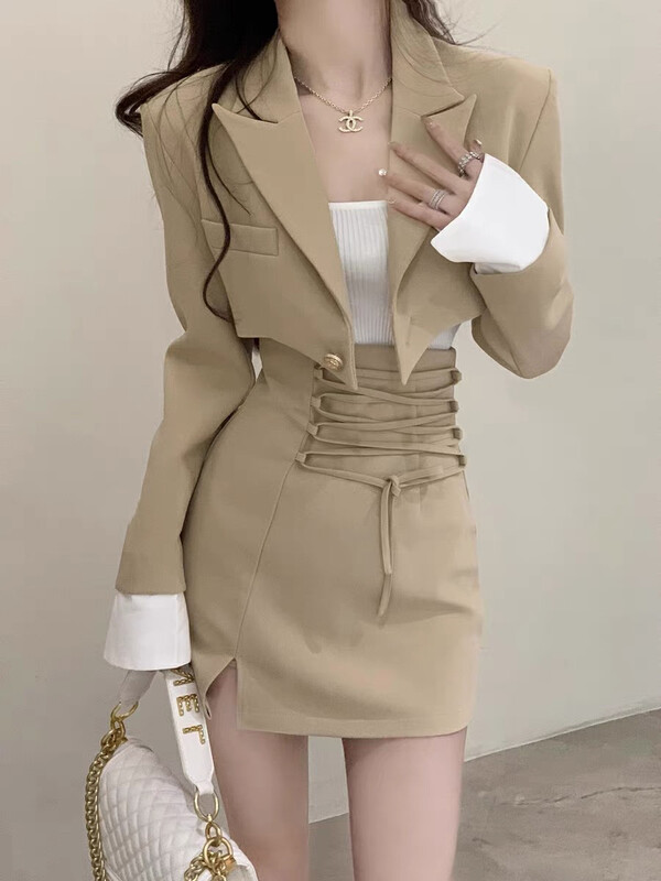 Autumn on the new![Huaxi] temperament short suit jacket + heavy industry tie-belt skirt suit (with waist rope) 9786 # PCZ