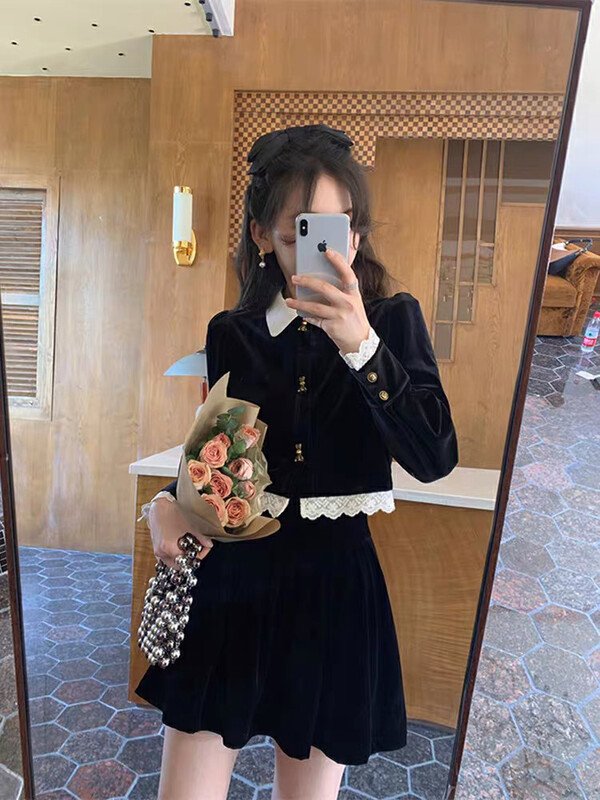 Autumn on the new![Huaxi] French vintage velvet jacket + slim skirt two suits 9791 # PCZ