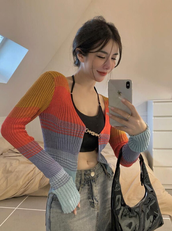 New in early autumn!【F·P】European and American fan rainbow striped long-sleeved knitted cardigan 91016# HBX