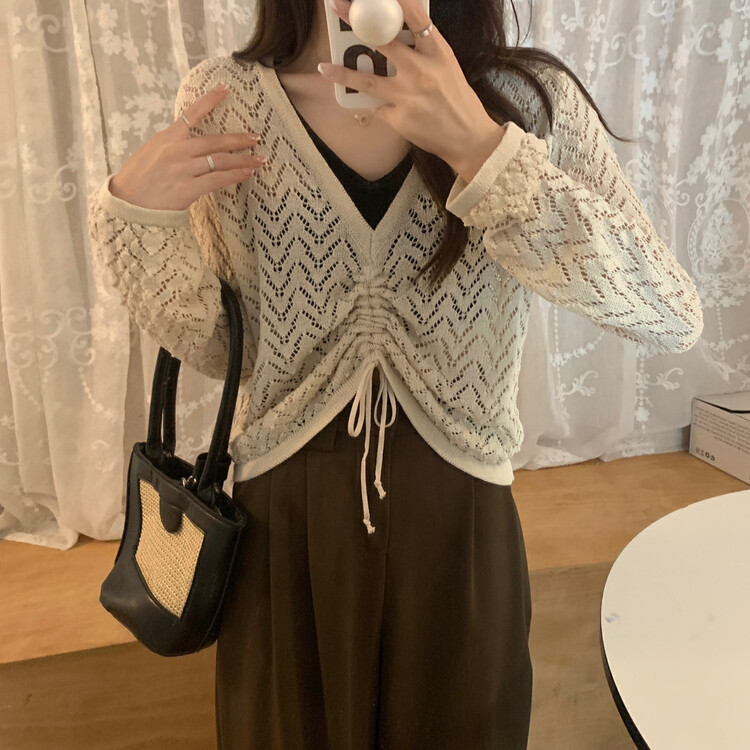 New in early autumn! [F·P] Design hollow stitching fake two-piece drawstring sweater 73190# HBX