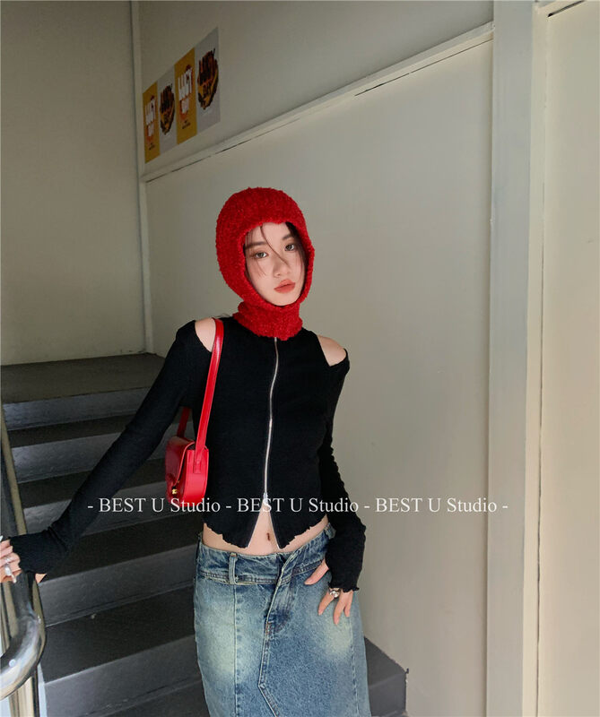 【BEST U】Hot Girl Off-Shoulder Design Zipper Short Knit Cardigan 60361# LSW