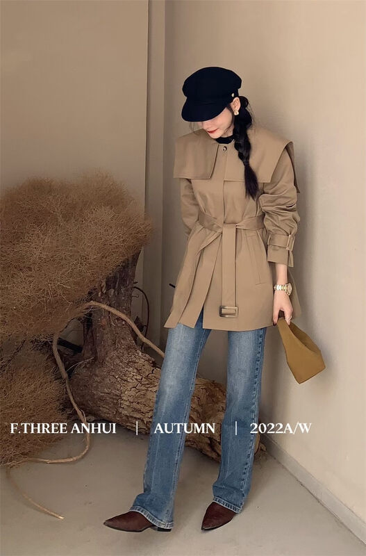 New in early autumn!  [F.THREE Three Sisters] Commuter Simple Navy Collar Loose Short Windbreaker (With Detachable Belt) 95362# XJ