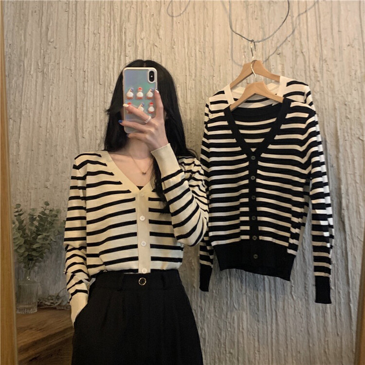 New in early autumn!【F·P】Korean style striped knitted cardigan 519# HBX
