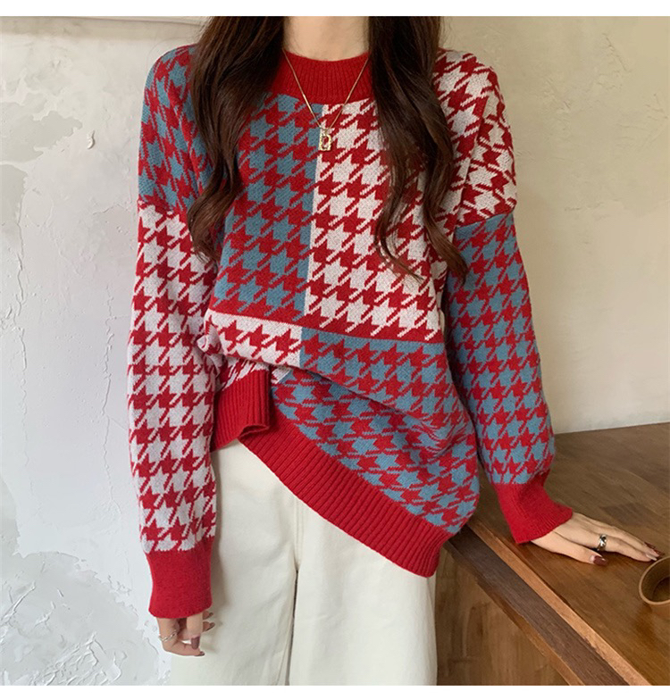 New in autumn!【F·P】Lazy style round neck contrast color houndstooth knitted sweater 9769# HBX