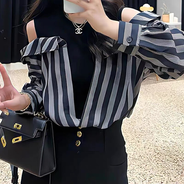 New in autumn! [Huaxi] Off-the-shoulder stitching striped design shirt 9778# PCZ