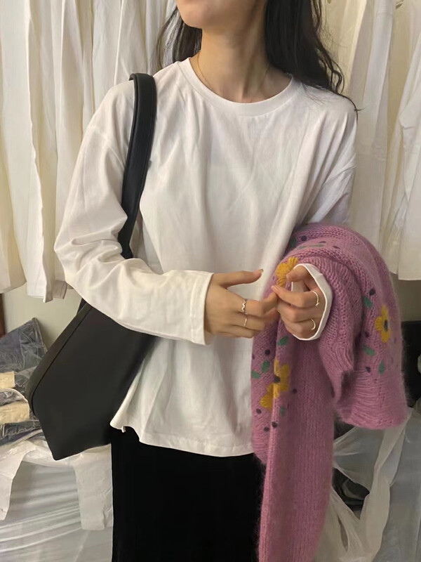 [LOVELY / SHMILY] Korean Casual Hair Plain Cross T Long Sleeve T Shirt HZ1590 # FHX