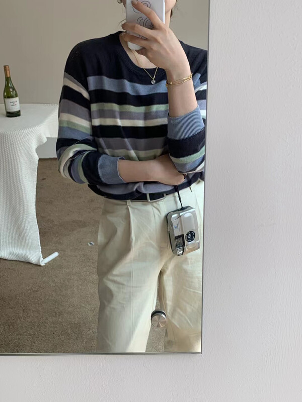 [LOVELY] Korean contrast color stripe round neck knit top sweater M0702