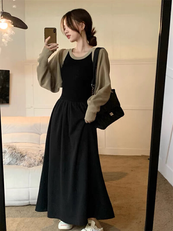 Autumn on the new![Huaxi] Advanced sense needle collect waist show thin vest dress ➕ short knit cardigan suit 9766 # PCZ