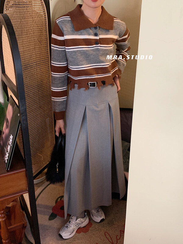 【MRA】Commuting Simple Pleated Mid-Length Skirt L1191