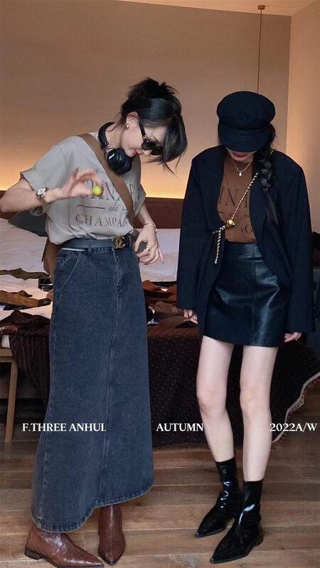 New in early autumn! 4 [F.THREE three sisters] fashionable A-line short leather skirt high waist skirt 95339# XJ