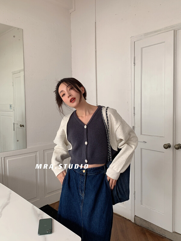[MRA] ins style fashion stitching contrast color knitted short jacket DH321