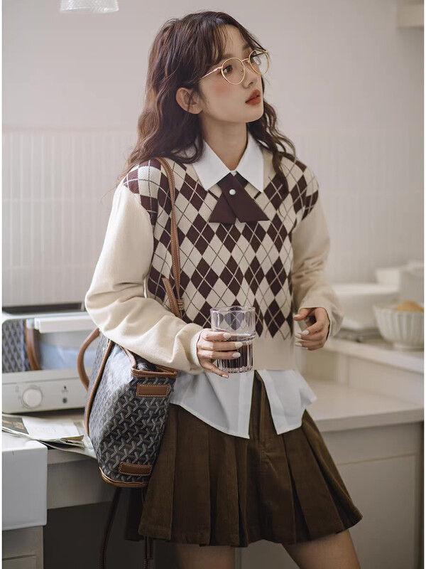 Autumn is new!【F·P】Fashion retro V-neck contrast color diamond all-match knitted sweater 3A135# HBX