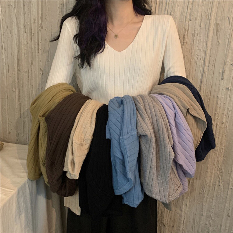 Autumn on the new![F · P] Solid color pit strip slim V-neck sweater CX859 # HBX
