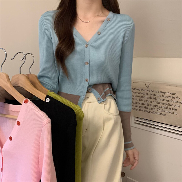 Autumn on the new![F · P] Simple color patchwork V-neck Cardigan 5915 # HBX