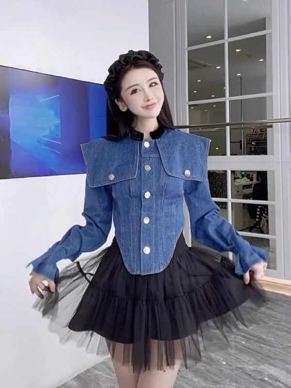 Autumn is new! [Hua Xi] Navy Collar Denim Short Jacket + Slim Organza Skirt Suit 9780# PCZ