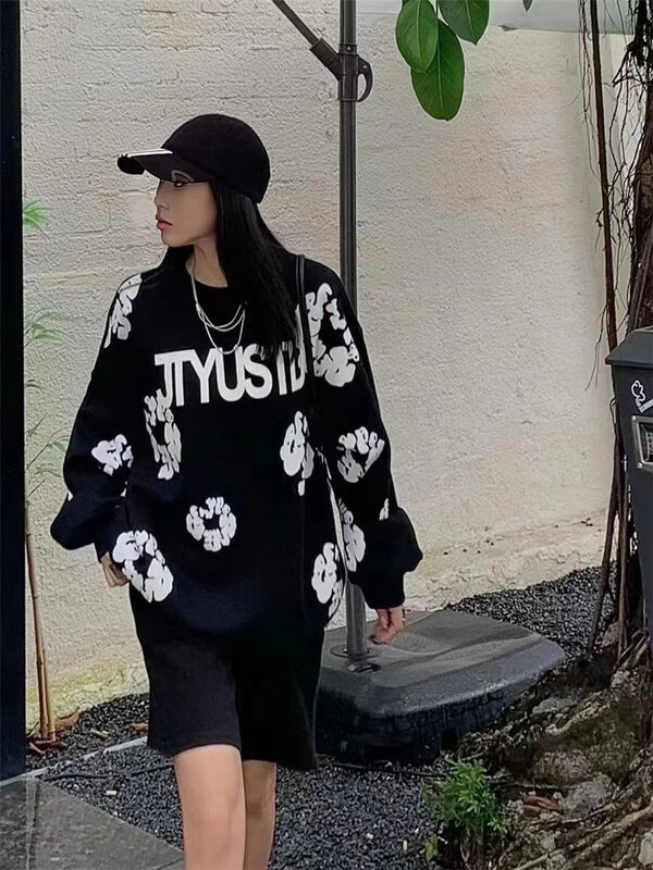 New in autumn!  【C.H.Z】Casual Loose Heavy Industry Printed Round Neck Pullover Sweater 91306# WTT