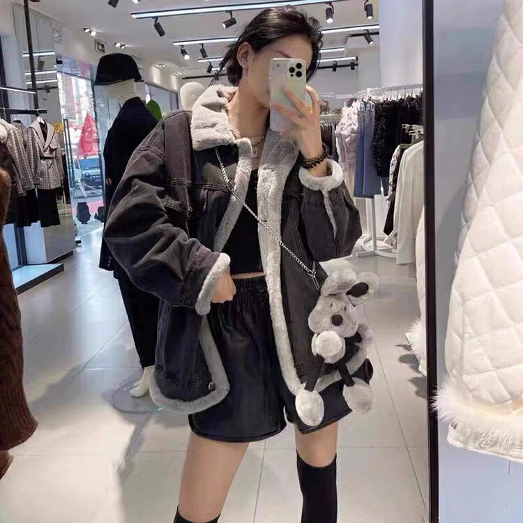 New in winter! [Huaxi] Korean version stitched plush thickened denim jacket (with doll) 9869# PCZ