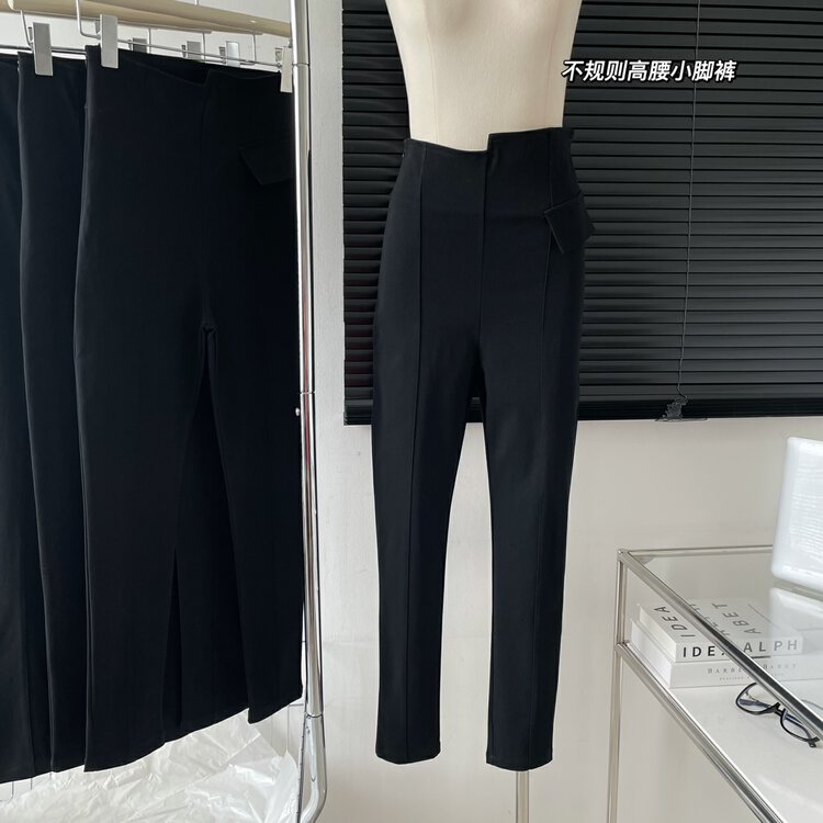New in autumn! [Yi Kaoru] High waist irregular black feet nine points slim stretch all-match pencil leggings 0357# HYY