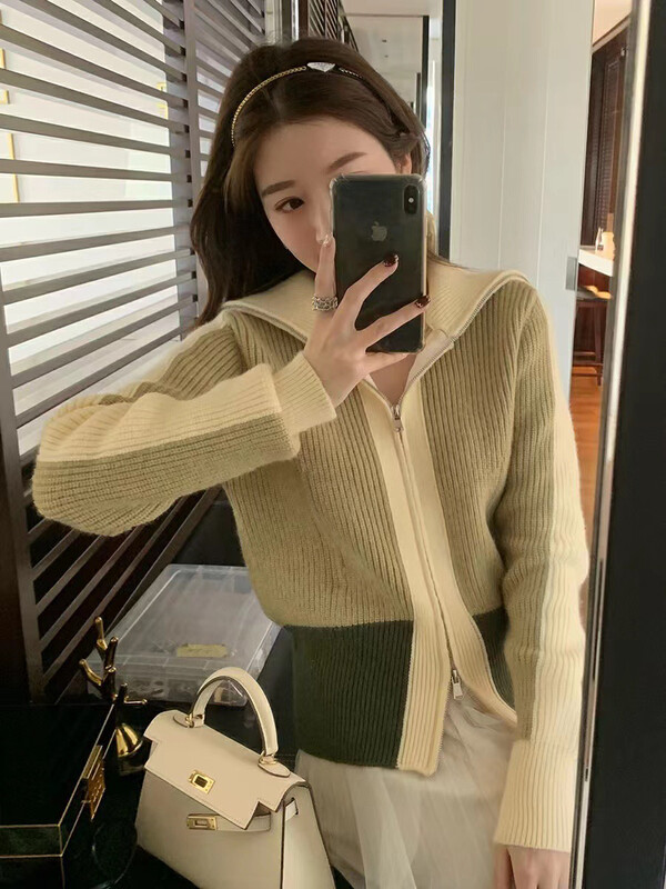 New in autumn! [F·P] Colorblock zipper loose sweater N350# HBX