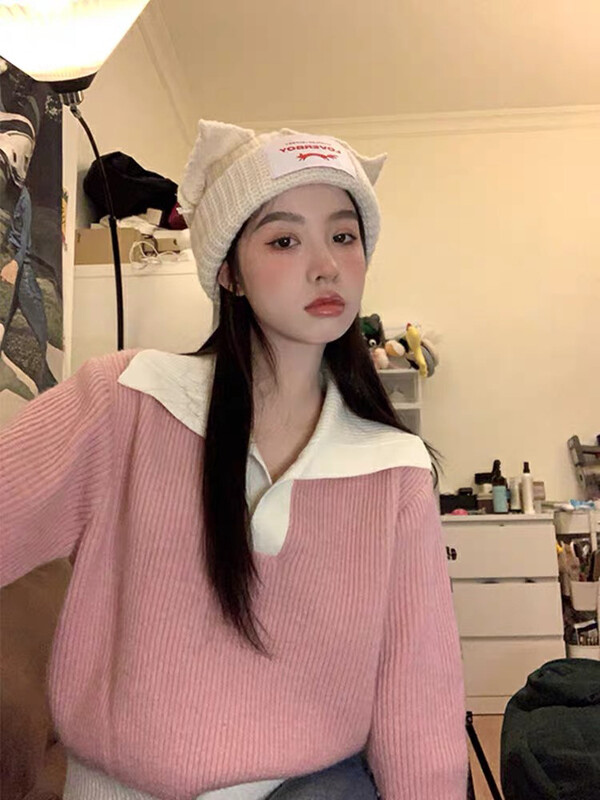 Autumn is new!【F·P】Sweet Polo Collar Colorblocked Versatile Warm Sweater 45626# HBX