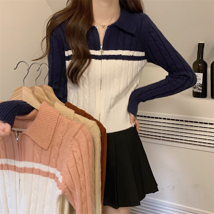 New in autumn! [F·P] College style lapel color-blocked twist warm sweater 88140# HBX